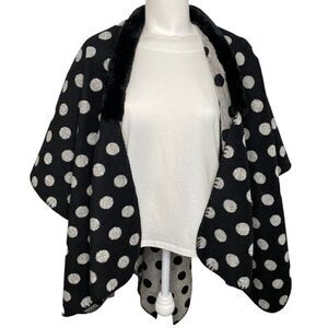 LOFT Cardigan Wrap Shawl MEDIUM Black Gray Polka‎ Dots Faux-Fur Collar Draped